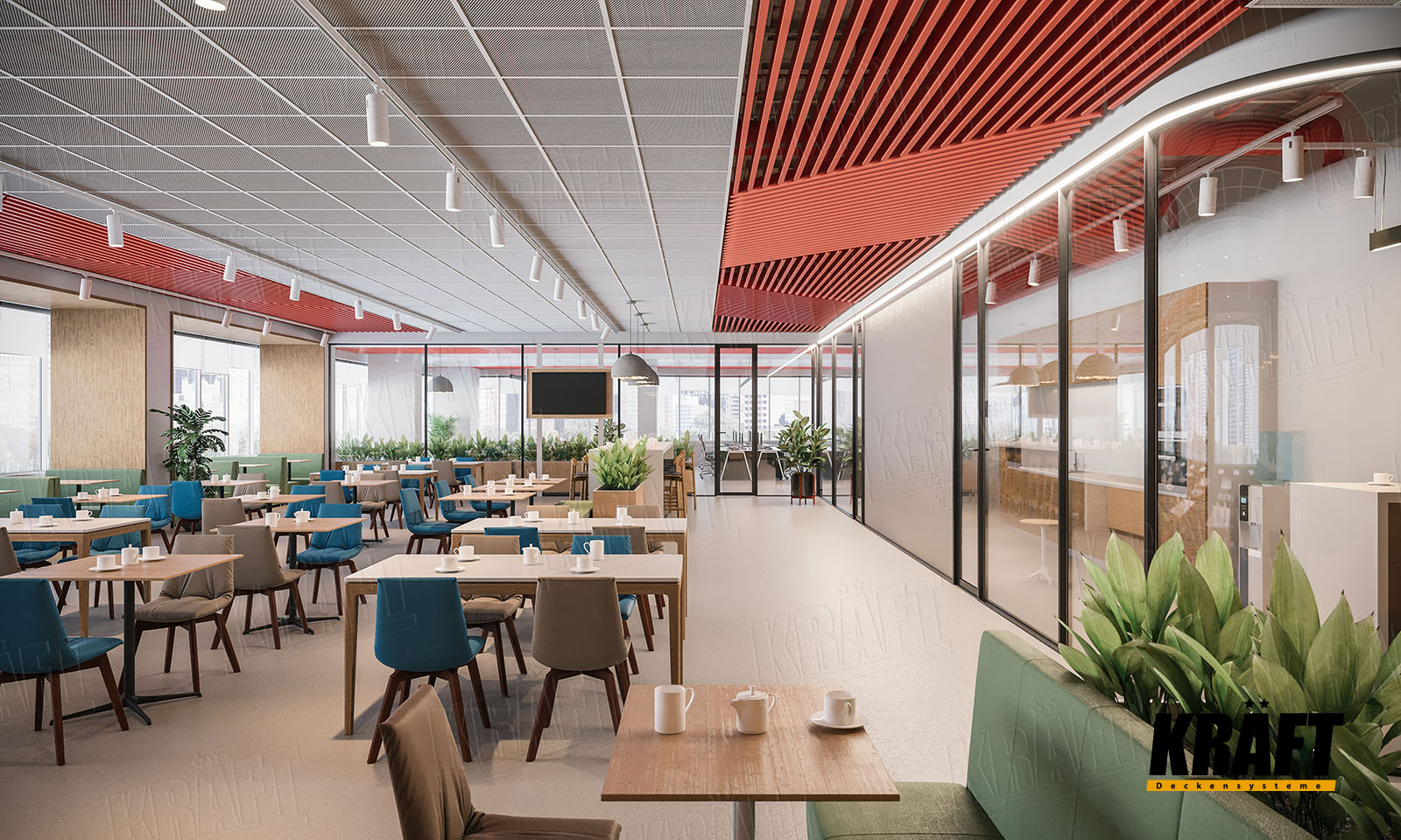 Combination suspended ceiling with mesh panels and cube-shaped rail KRAFT