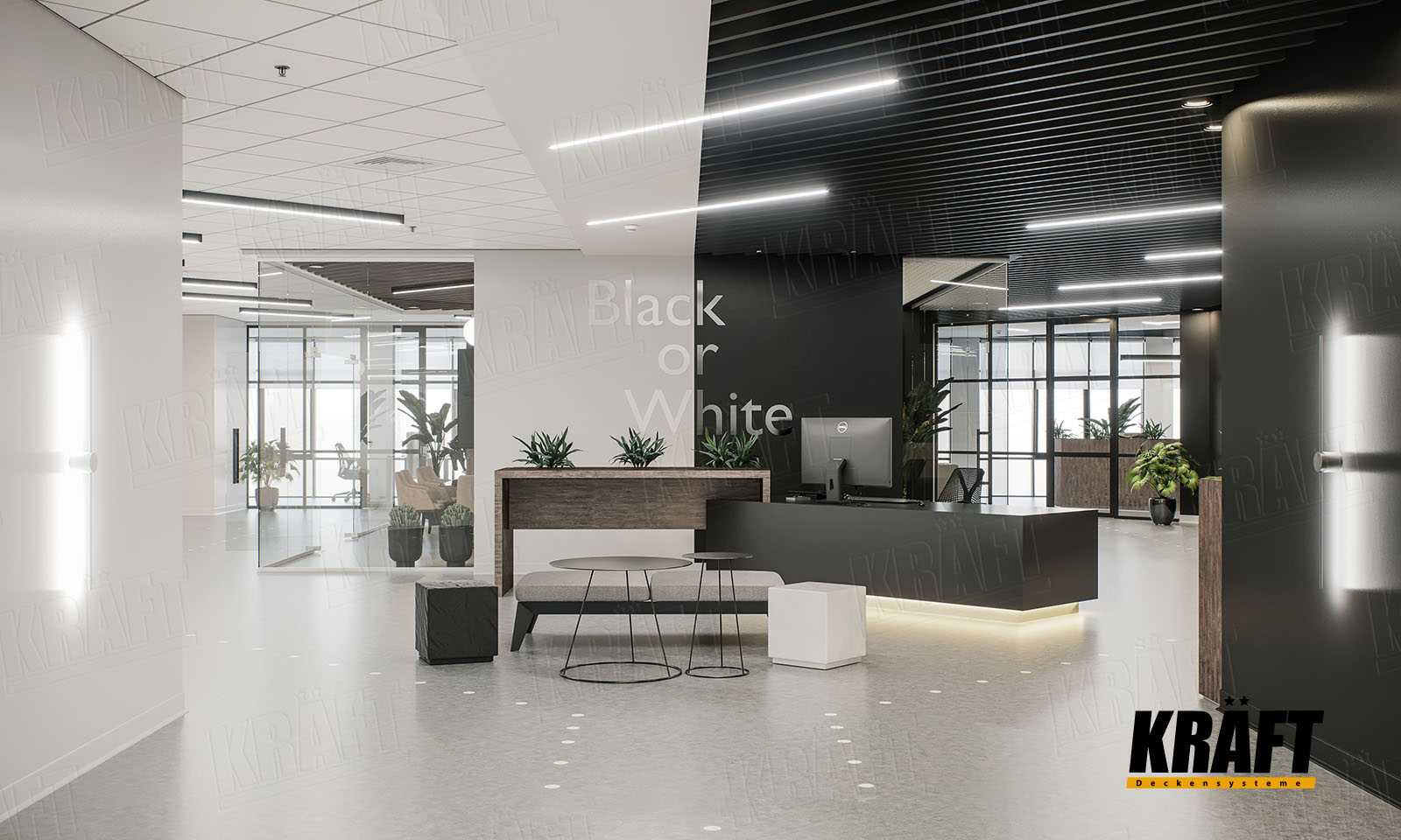 Suspended ceilings Kraft in the office: linear strip ceiling, open cell ceiling, acoustic ceiling on T-grid system