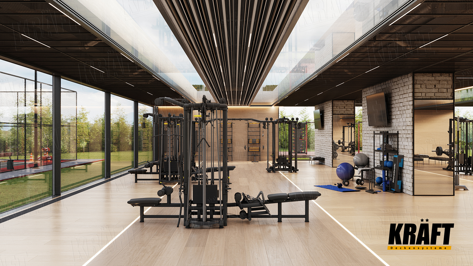 The KRAFT suspended ceiling is made of cube-shaped and plate-like slats, combined with slotted mesh panels, in the interior of a gym
