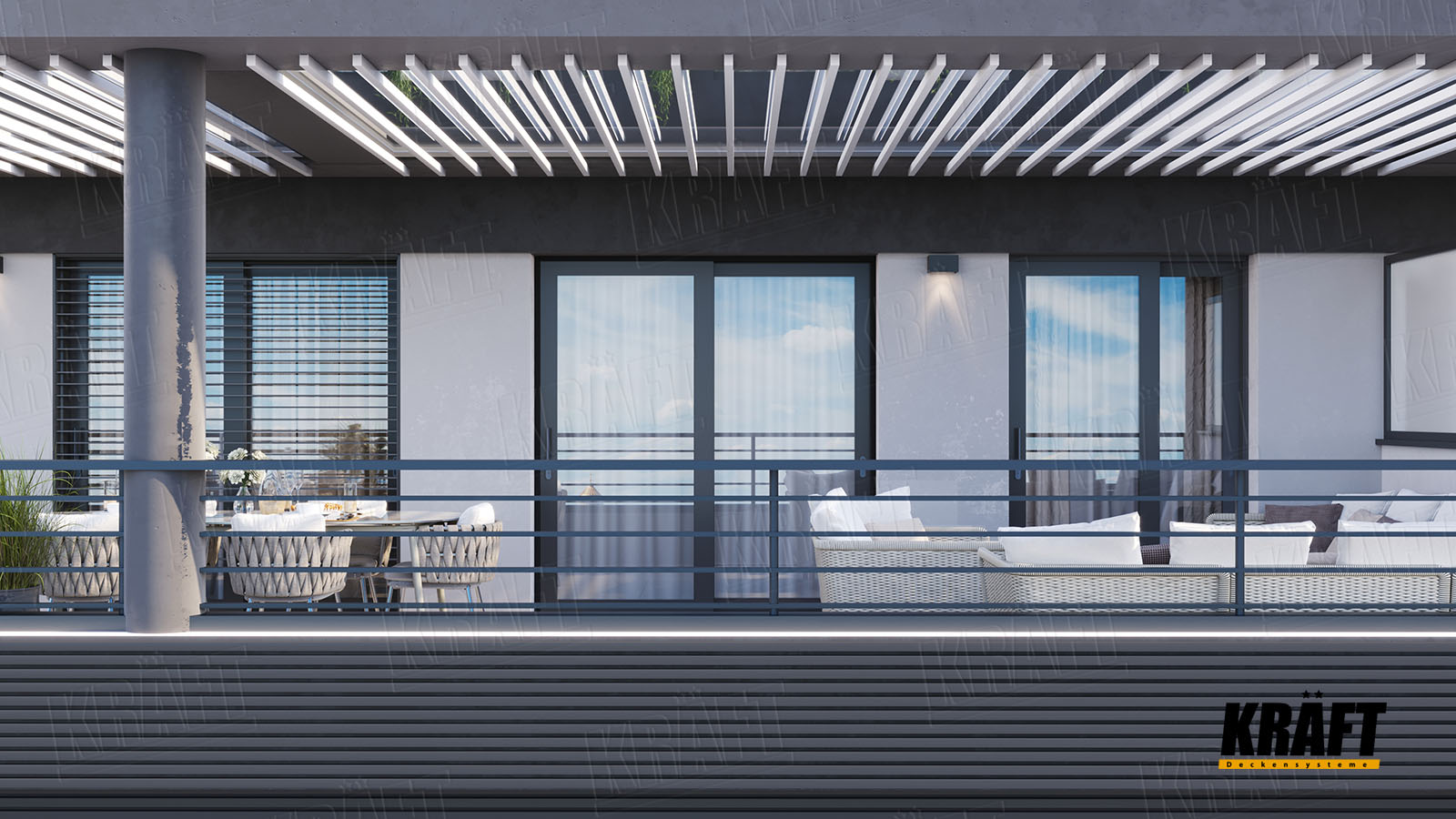 KRAFT cube-shaped rail in a decorative canopy on the terrace