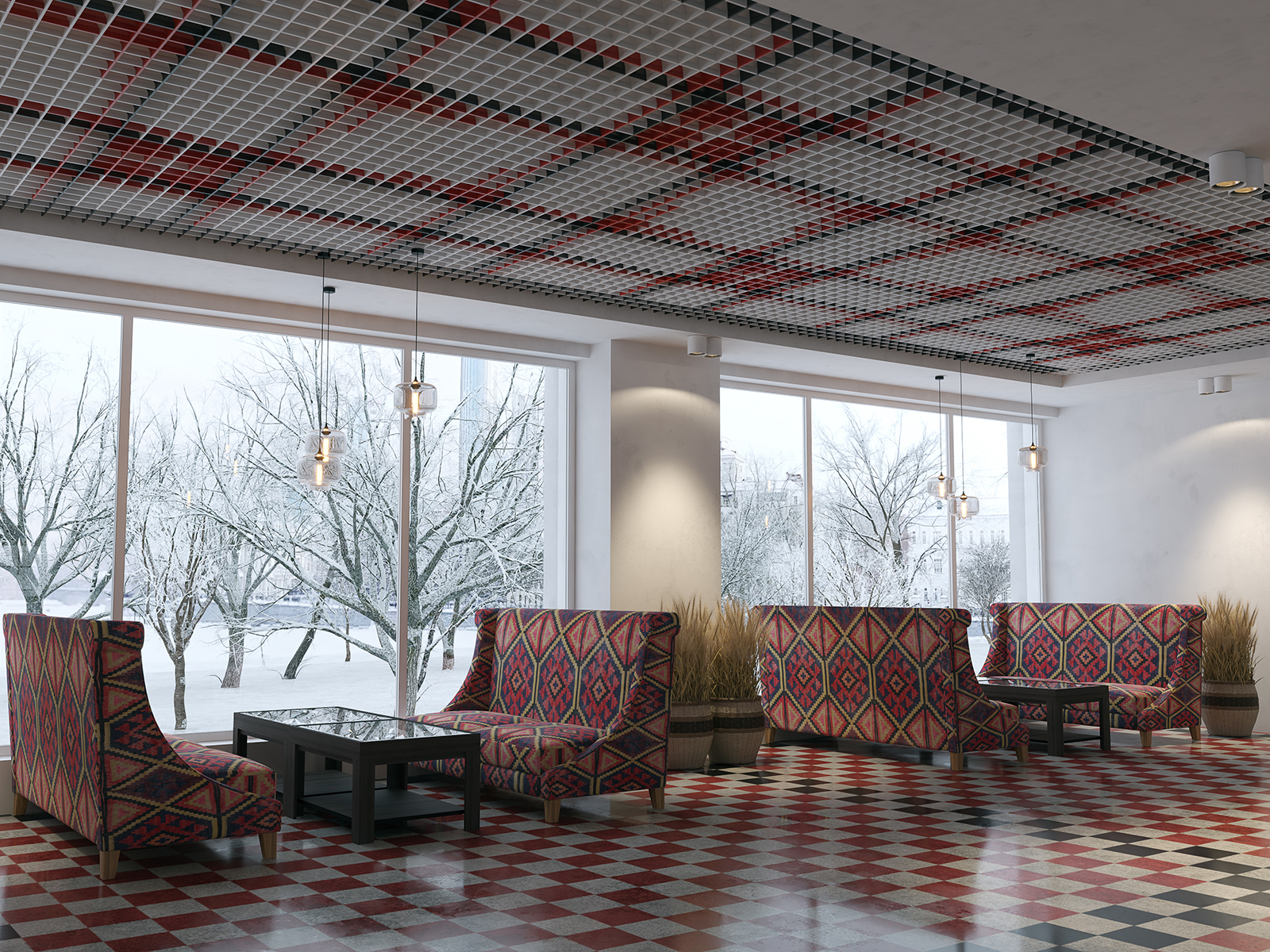 Designerski sufit rastrowy podwieszany KRAFT we wnętrzu restauracji 