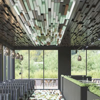 Rozwiązanie projektowe kawiarni z listwami zamocowanymi na różnych poziomach