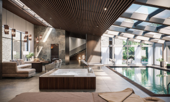 In harmony with nature - a cube-shaped rail with a wood texture in the interior of the pool